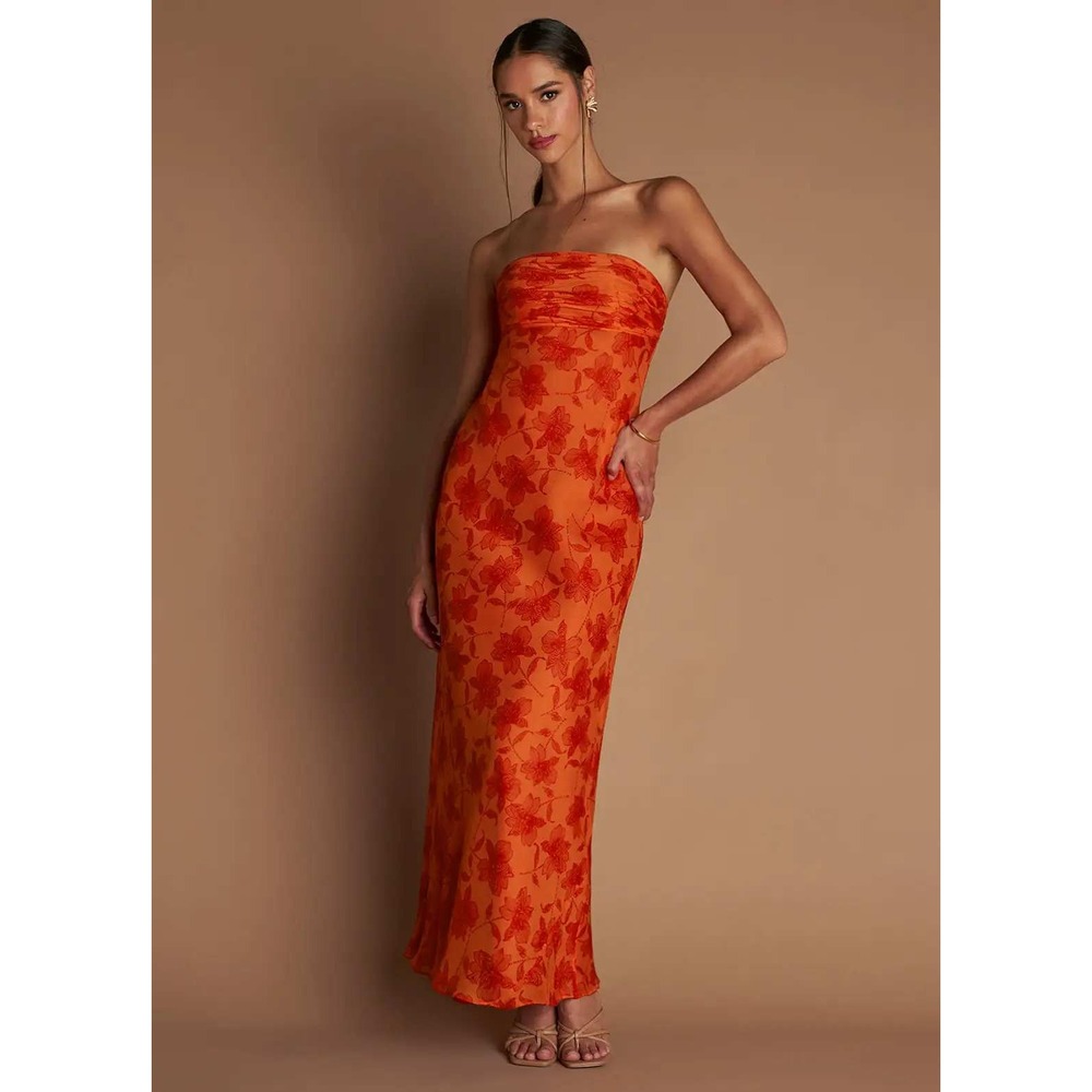 Azazie Atelier Orange Red Floral Strapless Maxi Dress Ruched Bodice Womens 18